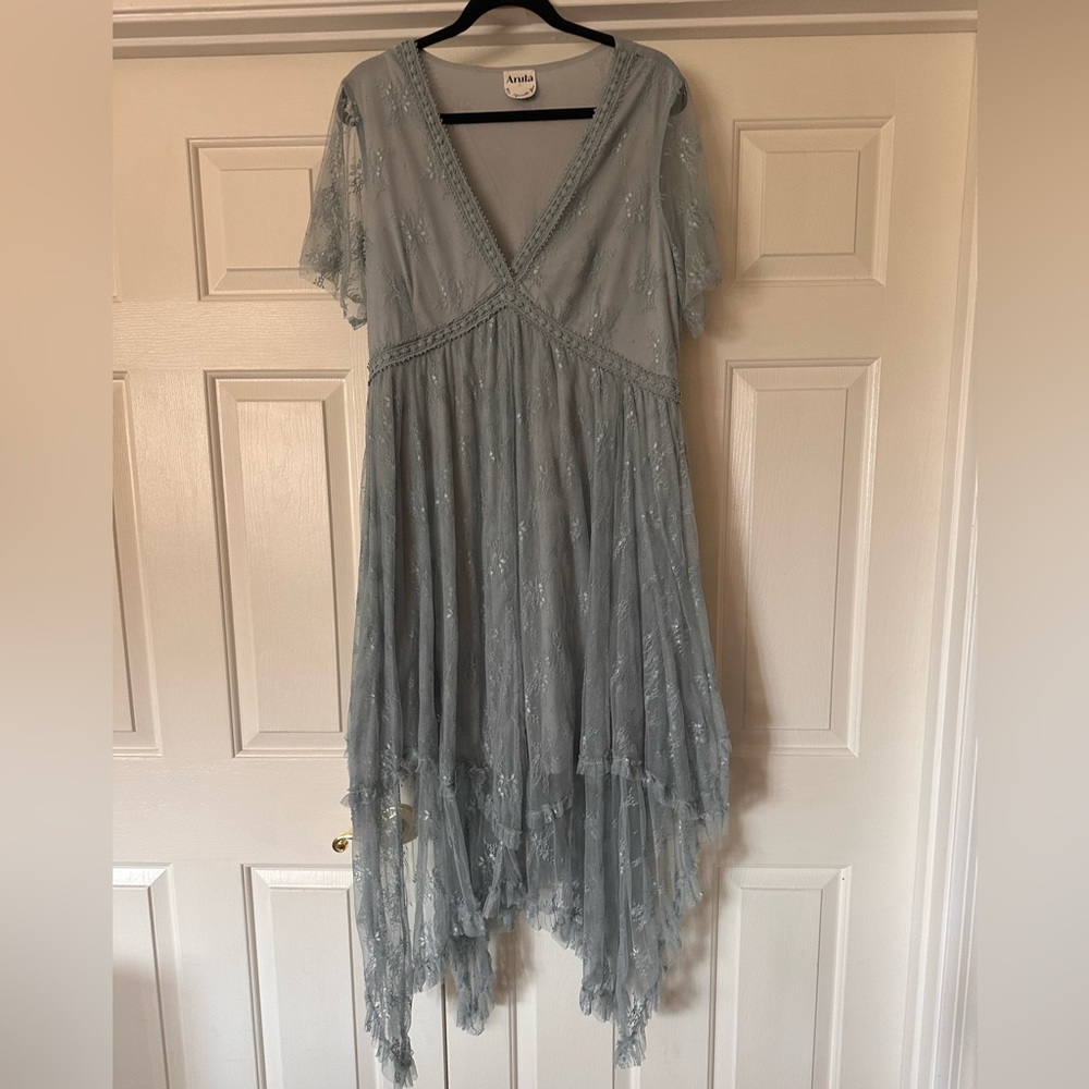 Arula Mist Blue Embroidered V-Neck Dress